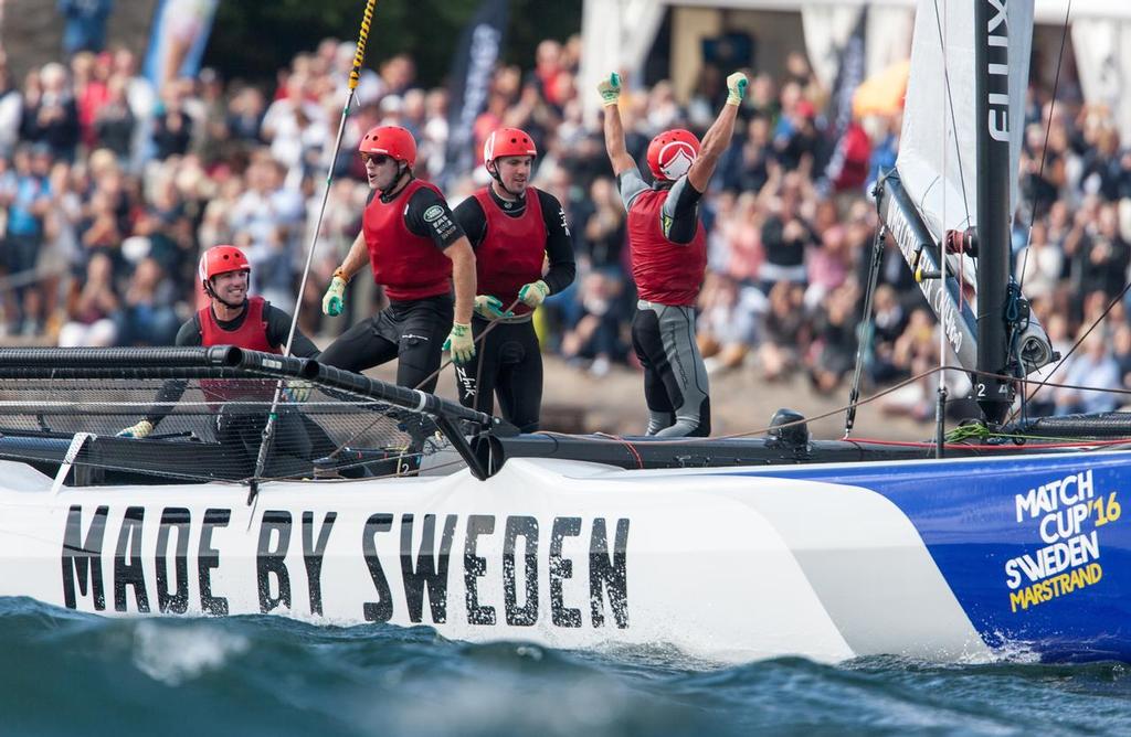 A jubilant Phil Robertson Racing acknowledge the crowd - World Match Racing Tour, Marstrand, Sweden. July 9, 2016 © Dan Ljungsvik 