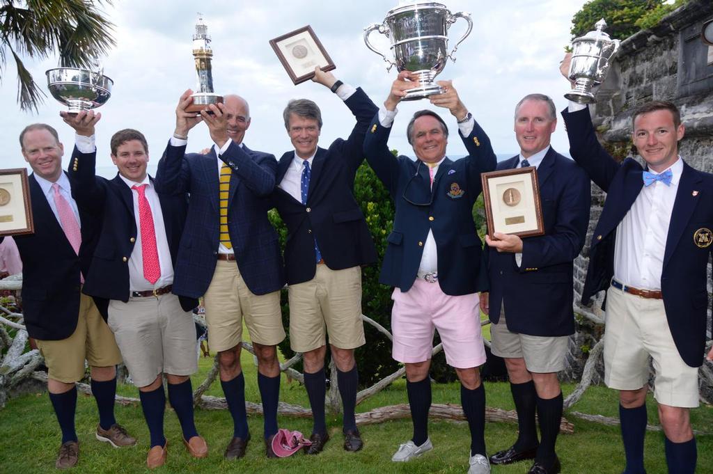The Warrior Won crew shows off their newly collected hardware at the prize-giving ceremony following the completion of the 2016 Newport Bermuda Race © Talbot Wilson