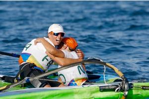 Charline celebrates - Women's Windsurfer (RS:X) - Rio Olympics photo copyright World Sailing taken at  and featuring the  class