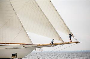 The 213-foot (65m) three-masted schooner Adix sails off Newport’s historic Cliff Walk during the Candy Store Cup photo copyright Rod R. Harris taken at  and featuring the  class