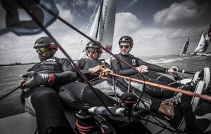 Dunkerque. France. 9th July 2016. The Tour de France a la Voile 2016 - 'DIAM 24' Oman Airports by Oman Sail skippered by Stevie Morrison (GBR) with Pierre Leboucher (FRA) and Abdulhaman Al Mashari (OMA) . Shown here in action during the stadium racing close to the shore photo copyright Lloyd Images taken at  and featuring the  class