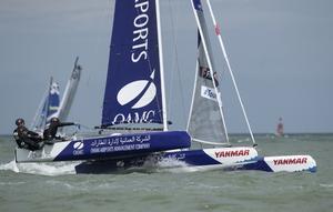 Dunkerque. France. 9th July 2016. The Tour de France a la Voile 2016 - 'DIAM 24' Oman Airports by Oman Sail skippered by Stevie Morrison (GBR) with Pierre Leboucher (FRA) and Abdulhaman Al Mashari (OMA) . Shown here in action during the stadium racing close to the shore photo copyright Lloyd Images taken at  and featuring the  class