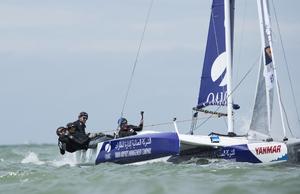 Dunkerque. France. 9th July 2016. The Tour de France a la Voile 2016 - 'DIAM 24' Oman Airports by Oman Sail skippered by Stevie Morrison (GBR) with Pierre Leboucher (FRA) and Abdulhaman Al Mashari (OMA) . Shown here in action during the stadium racing close to the shore photo copyright Lloyd Images taken at  and featuring the  class
