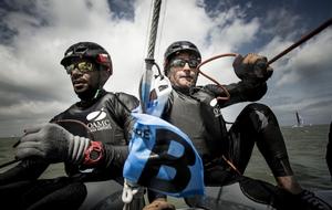 Dunkerque. France. 9th July 2016. The Tour de France a la Voile 2016 - 'DIAM 24' Oman Airports by Oman Sail skippered by Stevie Morrison (GBR) with Pierre Leboucher (FRA) and Abdulhaman Al Mashari (OMA) . Shown here in action during the stadium racing close to the shore photo copyright Lloyd Images taken at  and featuring the  class