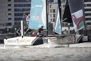 The Extreme Sailing Series. Act 4. Hamburg. Germany. 29th July 2016. Picture of Oman Sail skippered by Morgan Larson in action on day two of racing today photo copyright Lloyd Images taken at  and featuring the  class