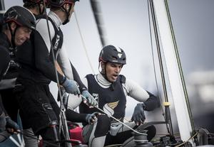 The Extreme Sailing Series. Act 4. Hamburg. Germany. 29th July 2016. Picture of Oman Sail skippered by Morgan Larson in action on day two of racing today photo copyright Lloyd Images taken at  and featuring the  class