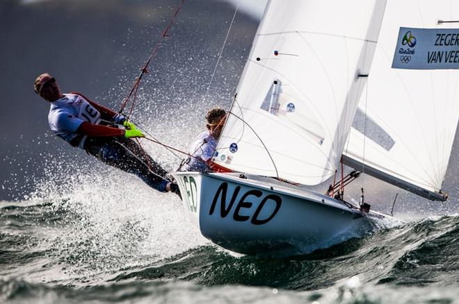 Afrodite Kyranakou and Anneloes Van Veen (NED) in 470 Men Medal Race at the Rio 2016 Olympic Sailing Competition © Sailing Energy / World Sailing