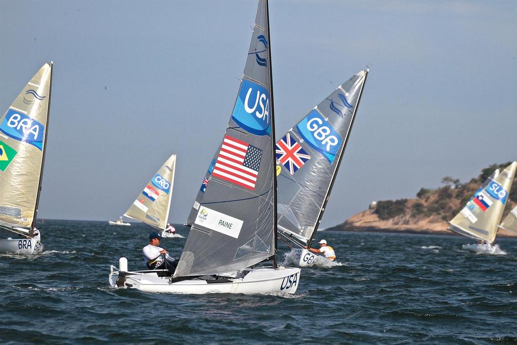 Caleb Paine (USA) heads back through the fleet with a good lead in the Finn Medal race - 2016 Olympics photo copyright Richard Gladwell www.photosport.co.nz taken at  and featuring the  class