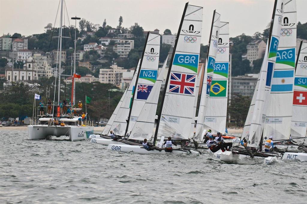 Nacra 17 fleet gets under way in a split tack start - 2016 Summer Olympics photo copyright Richard Gladwell www.photosport.co.nz taken at  and featuring the  class