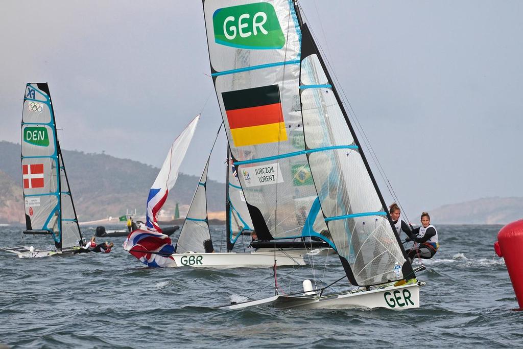 The bunch round the gate at the end of Leg 2, 49erFX medal race - 2016 Sailing Olympics photo copyright Richard Gladwell www.photosport.co.nz taken at  and featuring the  class