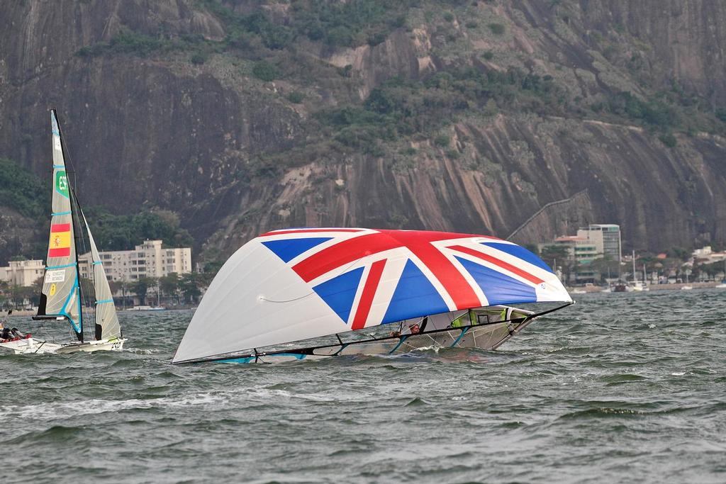 GBR gybes just before the gate - then their gennaker fills lifting the boat out of the water - 49erFX Medal race 2016 Olympics photo copyright Richard Gladwell www.photosport.co.nz taken at  and featuring the  class