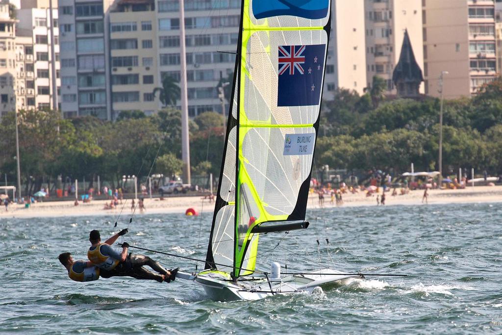 Burling and Tuke head for the beach on the first leg - 49er Mens Medal race 2916 Olympics photo copyright Richard Gladwell www.photosport.co.nz taken at  and featuring the  class