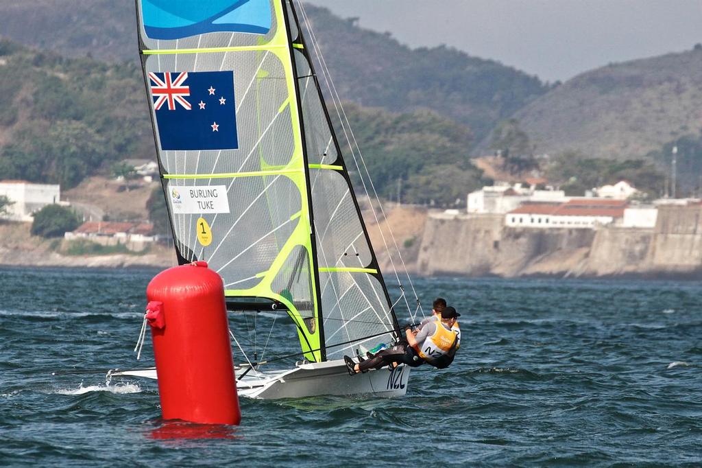 NZL turn at the leeward gate and head upwind on Leg 2 - 49er Men - medal race, 2016 Olympic Sailing regatta photo copyright Richard Gladwell www.photosport.co.nz taken at  and featuring the  class