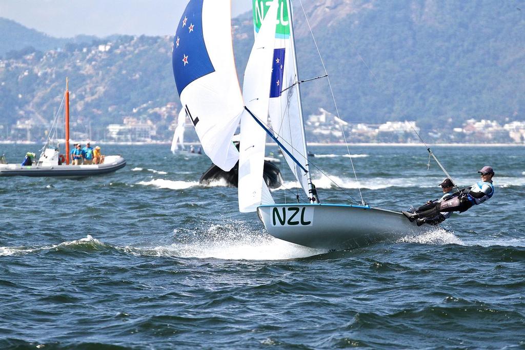 Jo Aleh and Polly Powrie about to cross the finish line and win the Silver Medal - 2016 Olympic Regatta photo copyright Richard Gladwell www.photosport.co.nz taken at  and featuring the  class