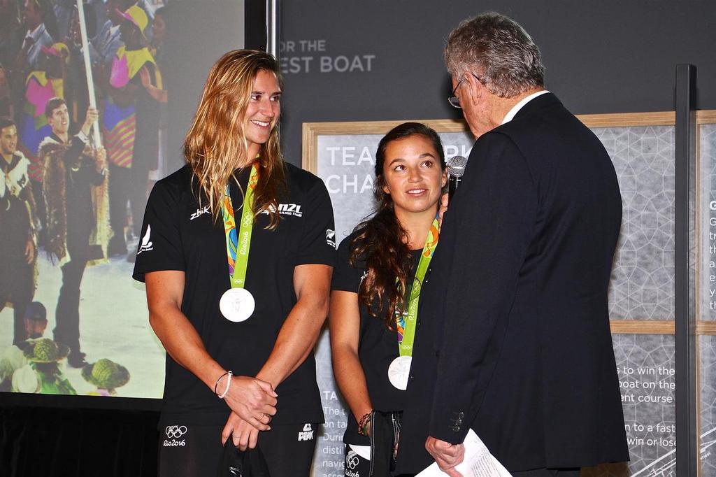 Molly Meech and Alex Maloney (49erFX) with Peter Montgomery - Olympics 2016 - Day 12 - Auckland - NZ Sailors return home - August 24, 2016 - photo © Richard Gladwell www.photosport.co.nz