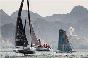 Act 1, Muscat 2016 - Day one - Land Rover BAR Academy – The fleet raced in Muscat, Oman, for the 2016 season opener, where the open water racing in front of Muscat's old town allowed the teams to stretch their legs in the foiling GC32s. - Extreme Sailing Series photo copyright Lloyd Images taken at  and featuring the  class
