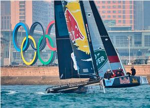 Act 2, Qingdao 2016 - Day 2 - Red Bull Sailing Team – The Austrians may be newer to the foiling game, but they have got competitive quickly. The team has finished on the podium at every Act so far this year taking second in Muscat and Cardiff, and third in Qingdao and Hamburg. photo copyright Aitor Alcalde Colomer taken at  and featuring the  class