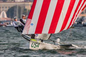 Paris Henken (Coronado, Calif.) and Helena Scutt (Kirkland, Wash.) combating at the 49erFX medal race at Rio 2016 photo copyright Daniel Forster http://www.DanielForster.com taken at  and featuring the  class