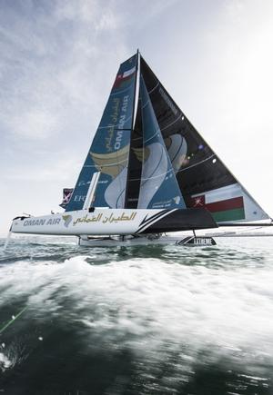 Extreme Sailing Series 2016. Act 1. Muscat Oman. Picture shows the Oman Air team skippered by Morgan Larson (USA) with team mates Pete Greenhalgh (GBR) Ed Smyth (NZL) , Nasser Al Mashari (OMA) and James Wierzbowski photo copyright Lloyd Images taken at  and featuring the  class