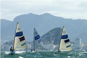 Finn fleet at Rio 2016 Olympic Sailing Competition photo copyright  Robert Deaves taken at  and featuring the  class