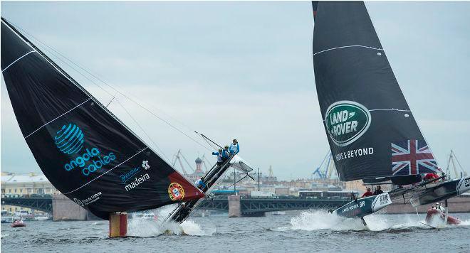 Act 5, Extreme Sailing Series Saint Petersburg – Day 1 – Sail Portugal - Visit Madeira and Land Rover BAR Academy on the first day of racing on St Petersburg's Neva River. © Lloyd Images