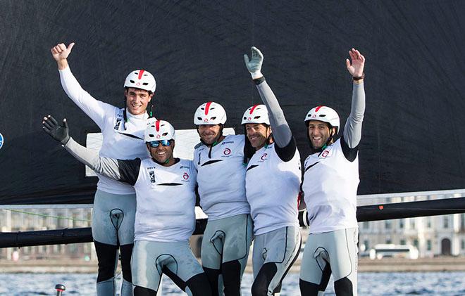 Act 5 champions Alinghi celebrate their victory onboard after the final race in St Petersburg. © Lloyd Images
