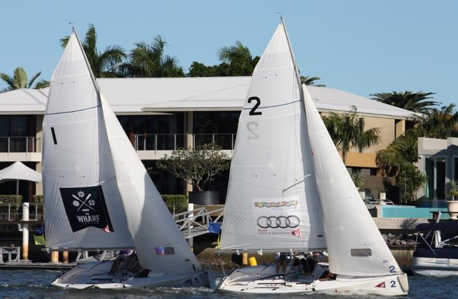 The Mooloolaba match racing arena ensures great viewing from both sides of the tight course area.  - QLD Match Racing Championships 2016 © Tracey Johnstone