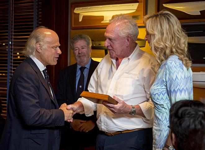 Rambler 88 owner George David presented with the 2016 Mediterranean Maxi Offshore Challenge trophy by IMA President Thomas Bscher - Maxi Yacht Rolex Cup © IMA / Carlo Baroncini