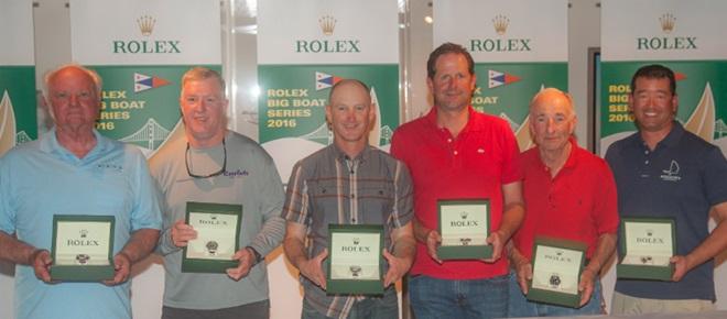 The Winners' Circle of the 2016 Rolex Big Boat Series is (L-R) Victor Wild (Pac 52 Fox in ORR A); Tim Fuller (J/125 Resolute in ORR B); Philip Laby (J/105 Godot); Julian Fernandez Neckelmann (J/70 Flojito y Cooperando); Michael Shlens (California 40 Blade II); and Scott Kokka (Morris 52 Audacity in ORR C). © Rolex/Daniel Forster/Rolex Big Boat Series http//:www.rolexbigboatseries.com