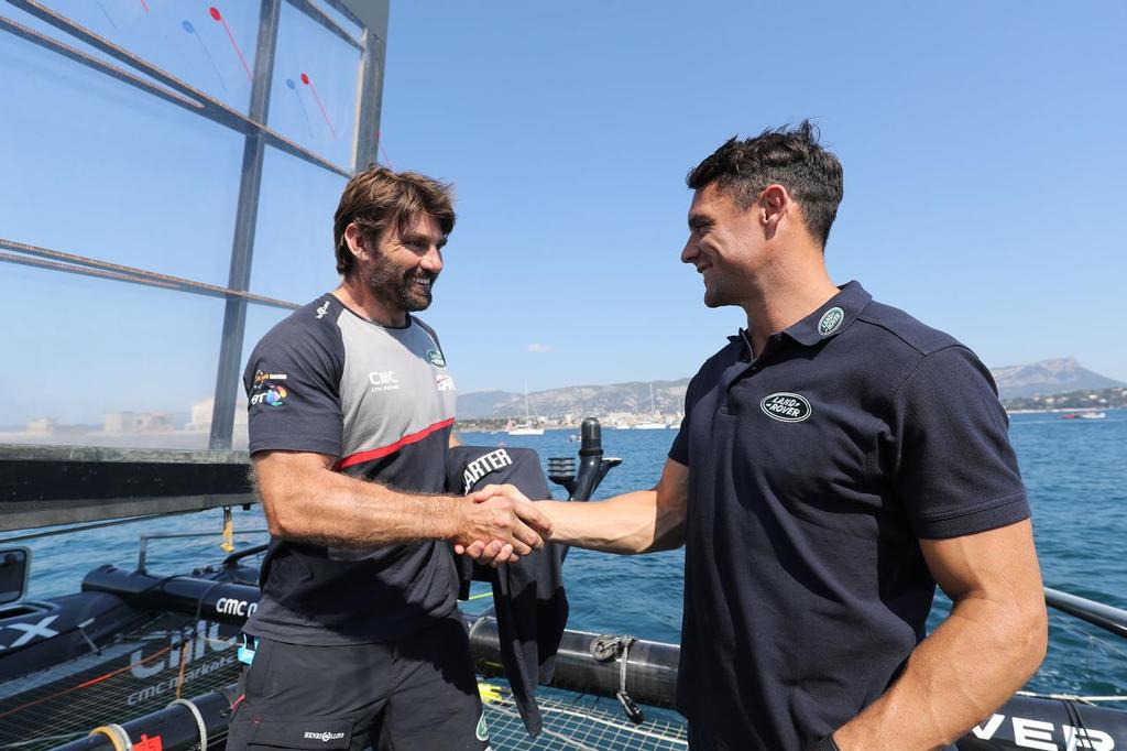 All Black great Dan Carter meets sailing Land Rover BAR Team Manager Jono Macbeth (NZL) at Louis Vuitton America's Cup World Series Toulon photo copyright  Harry KH / Land Rover BAR taken at  and featuring the  class