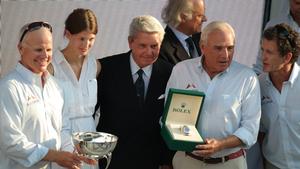 Hap Fauth and Bella Mente claim the Rolex Maxi 72 World Championship prizes. With Princess Salwa Aga Khan and Gian Riccardo Marini of Rolex SA. - Maxi Yacht Rolex Cup photo copyright International Maxi Association http://www.internationalmaxiassociation.com taken at  and featuring the  class