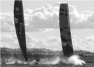 Act 5, St Petersburg 2016 – Practice day – Sail Portugal-Visit Madeira and SAP Extreme Sailing Team charge across the Neva River on the official training session in Russia. - Extreme Sailing Series photo copyright Rodrigo Rato / Sail Portugal-Visit Madeira taken at  and featuring the  class