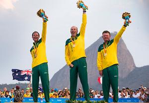 Sonar Gold Medallists - Collin Harrison, Jonathan Harris and Russel Boaden, Sonar - Rio 2016 Paralympic Sailing Competition
 photo copyright Richard Langdon/Ocean Images taken at  and featuring the  class