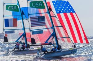 Paris Henken (Coronado, Calif.) and Helena Scutt (Kirkland, Wash.) racing at Rio 2016 in the 49erFX class. photo copyright Daniel Forster / US Sailing Team taken at  and featuring the  class