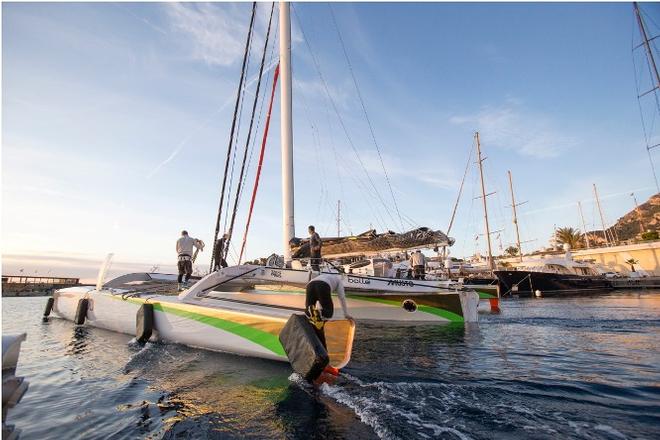 Phaedo3 slips off the dock Yacht Club De Monaco to attempt World Speed Sailing Record to Porto Cervo © Rachel Fallon-Langdon / Team Phaedo