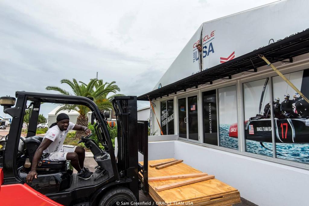 Oracle Team USA prepare for the arrival of an Atlantic storm on September 24, 2016 © Oracle Team USA media