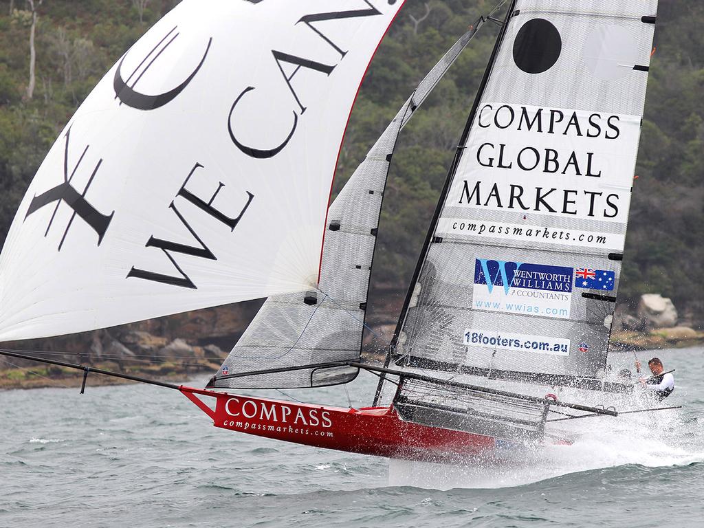Compassmarkets.com, a great second place after a slow start - 18ft Skiffs - NSW State Title - Race 1, October 30, 2016 photo copyright Frank Quealey /Australian 18 Footers League http://www.18footers.com.au taken at  and featuring the  class