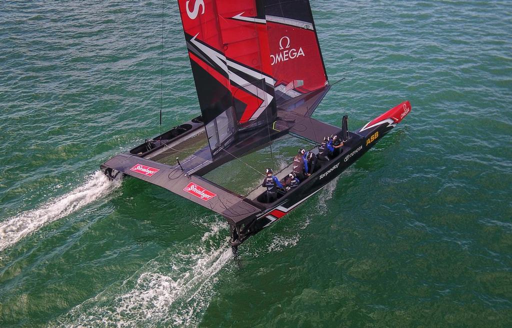 Emirates Team New Zealand sailing with the new Steinlager branding on the crossbeam fairing © Hamish Hooper/Emirates Team NZ http://www.etnzblog.com