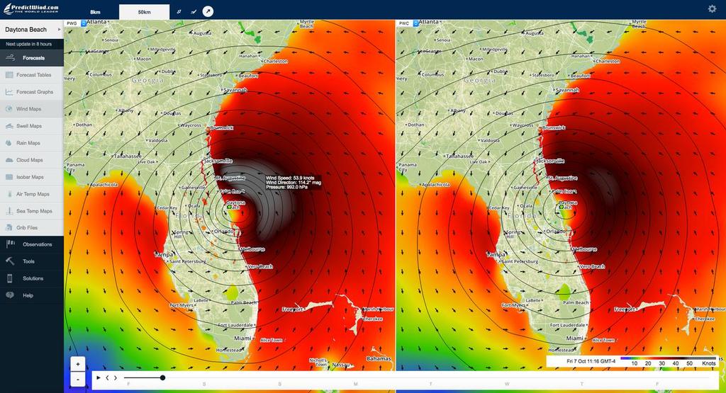Hurricane Matthew - approaches Jacksonville  - the text box shows a wind speed of 53kts, from 114 with a pressure of 992pa. photo copyright PredictWind taken at  and featuring the  class