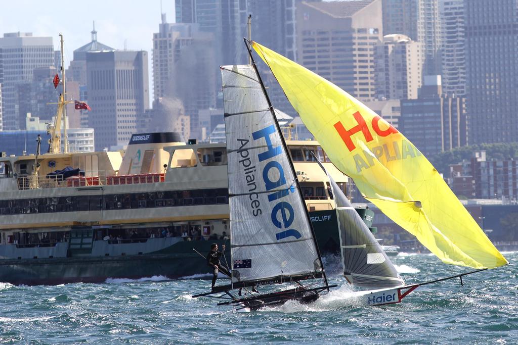 Sydney Harbour traffic tests the Haier crew photo copyright Frank Quealey /Australian 18 Footers League http://www.18footers.com.au taken at  and featuring the  class