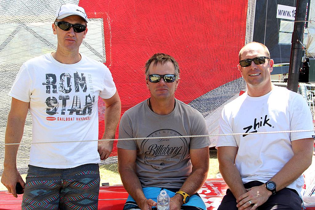 The Smeg team look relaxed before the race.  From left, Mike McKensey, Chris Nicholson, Ricky Bridge - Race 2, NSW State Championship, Nov 6, 2016 photo copyright Frank Quealey /Australian 18 Footers League http://www.18footers.com.au taken at  and featuring the  class