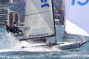 Concentration on the crew's faces as they race down Sydney Harbour photo copyright Frank Quealey /Australian 18 Footers League http://www.18footers.com.au taken at  and featuring the  class