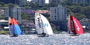 Haier Appliances chases Smeg and Yandoo down the spinnaker run last Sunday photo copyright Frank Quealey /Australian 18 Footers League http://www.18footers.com.au taken at  and featuring the  class