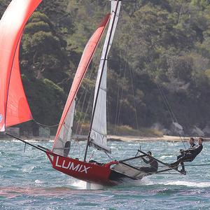 Rookie Lumix team drove their skiff hard downwind - R. Watt Memorial Trophy Sunday, 9 October, 2016 Sydney Harbour photo copyright Frank Quealey /Australian 18 Footers League http://www.18footers.com.au taken at  and featuring the  class