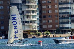 The League's video TV team watch as Peroni's crew prepare to bear away at the windward mark photo copyright Frank Quealey /Australian 18 Footers League http://www.18footers.com.au taken at  and featuring the  class