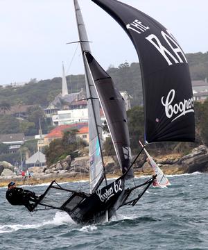 The Rag's crew drive the skiff hard downwind - 18ft Skiffs - NSW State Title - Race 1, October 30, 2016 photo copyright Frank Quealey /Australian 18 Footers League http://www.18footers.com.au taken at  and featuring the  class