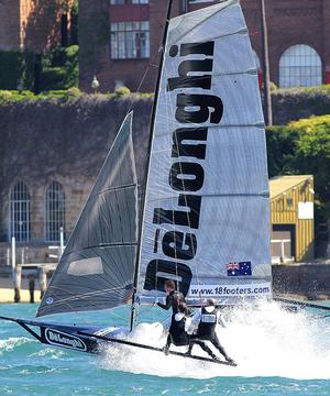 The skiff takes off in last Sunday 30-knot NE Wind photo copyright Frank Quealey /Australian 18 Footers League http://www.18footers.com.au taken at  and featuring the  class
