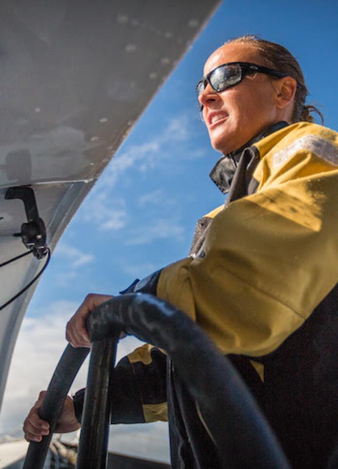 Dona Bertarelli at the helm of Spindrift 2 during the Jules Verne Trophy 2015/2016 &copy; Spindrift Racing