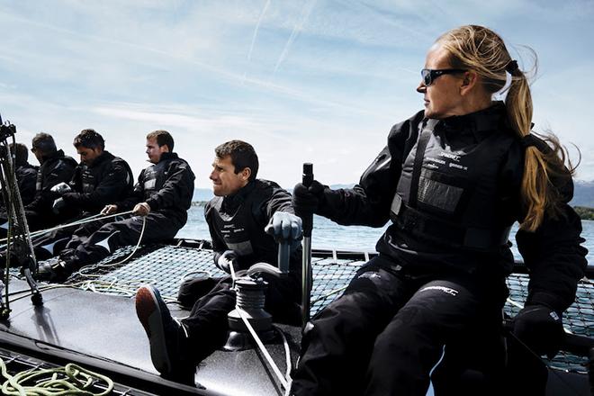 Dona Bertarelli next to Xavier Revil onboard Ladycat.  &copy; Spindrift Racing
