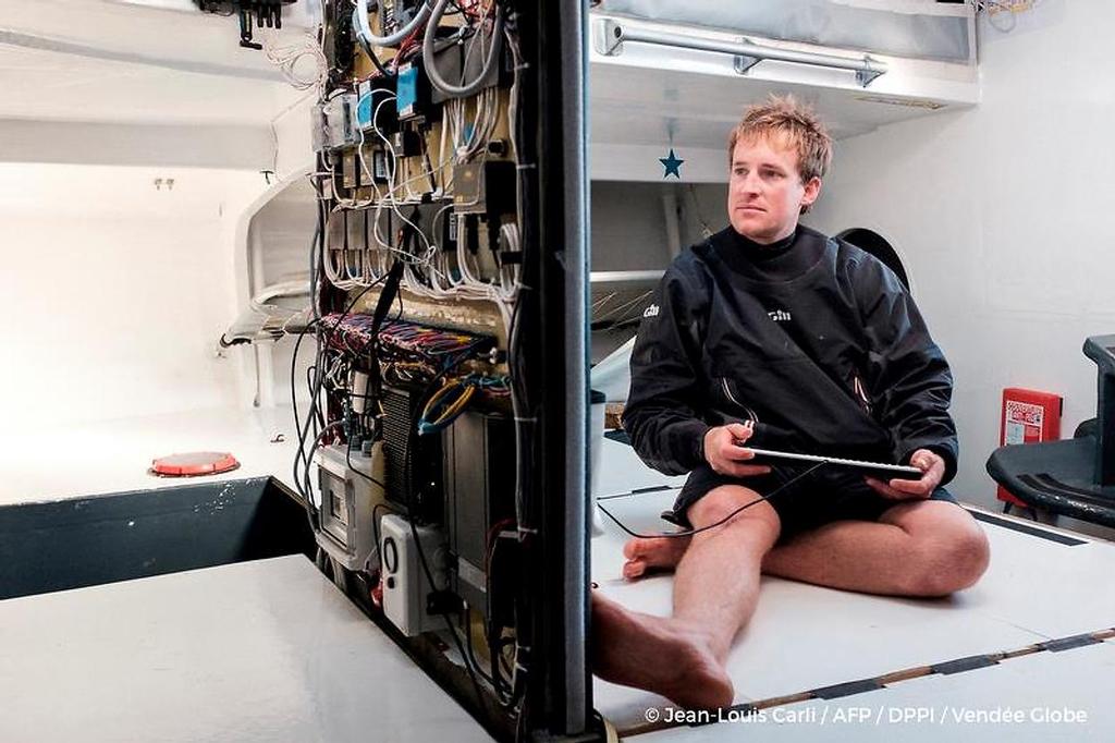 Conrad Colman (NZL/USA/FRA) - Foresight Natural Energy - showing the back end of the cabling and computer - Vendee Globe 2016 © Conrad Colman / Foresight Energy / Vendée Globe